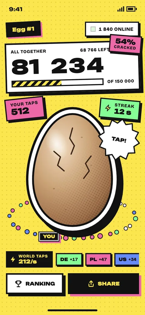 Tap the Egg screen — the shared egg with the global tap counter